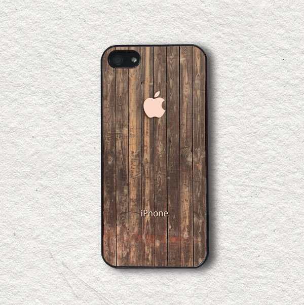 Iphone 4 Case, Iphone 4s Case, Iphone 5 Case, Iphone 5s Case, Protective Iphone Cover - Printed Wood With Pink Apple