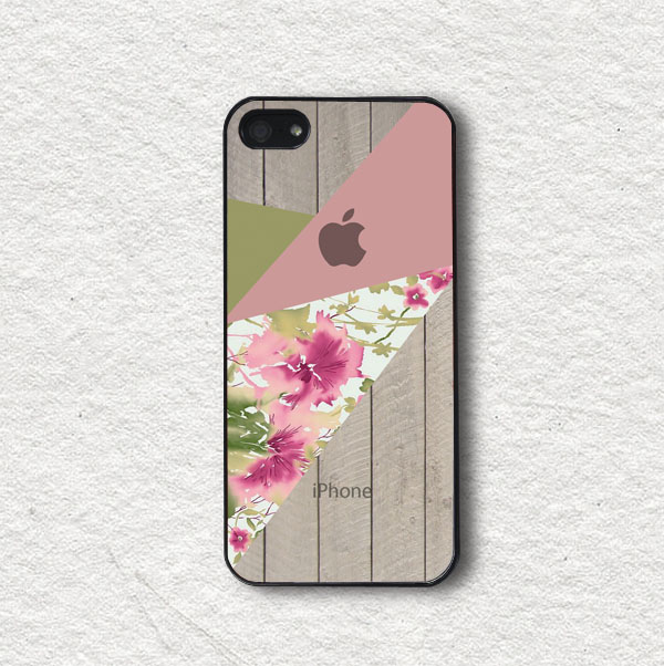 Pink Floral Blocks With Wood - Iphone 4 Case, Iphone 4s Case, Iphone 5 Case, Iphone 5s Case, Wood Iphone Case, Wood Iphone Covers