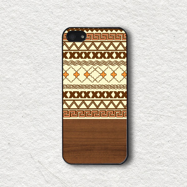Iphone Case For Iphone 4, Iphone 4s, Iphone 5, Iphone 5s, Iphone Cover, Protecive Iphone Case - Brown Aztec With Wood