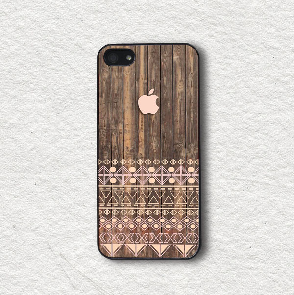 Iphone Case For Iphone 4, Iphone 4s, Iphone 5, Iphone 5s, Iphone Cover, Protecive Iphone Case - Geometric Aztec With Printed Wood