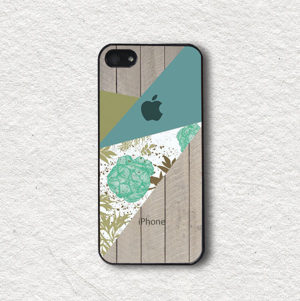 Iphone Case For Iphone 4, Iphone 4s, Iphone 5, Iphone 5s, Iphone Cover, Protecive Iphone Case - Green Floral Blocks With Wood