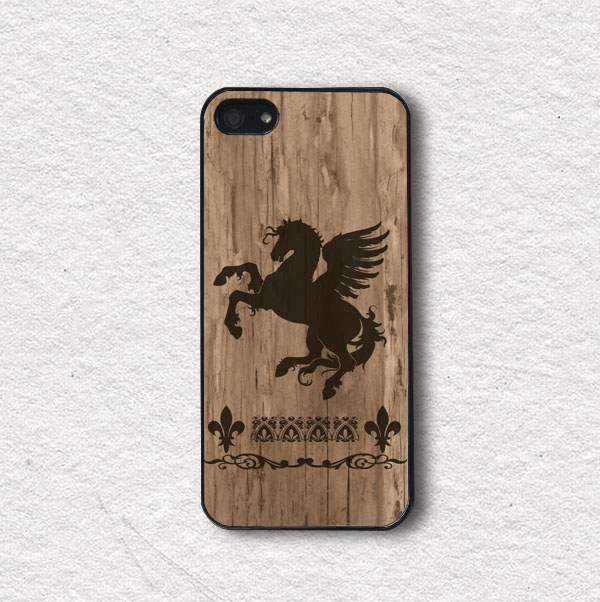 Iphone Case For Iphone 4, Iphone 4s, Iphone 5, Iphone 5s, Iphone Cover, Protecive Iphone Case - Black Pegasus With Wood